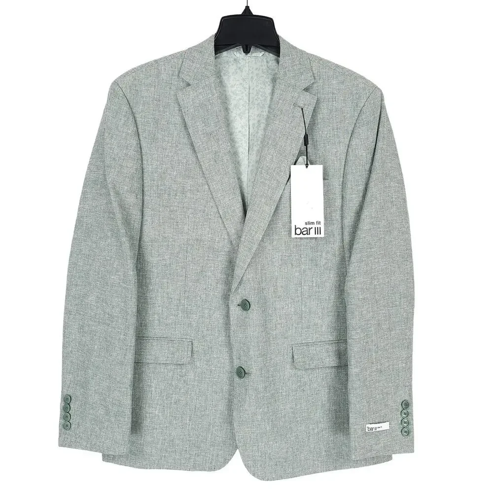 Bar III Mens Slim Fit Suit Jacket Blazer 44R Green Solid Linen Cotton Blend NWT